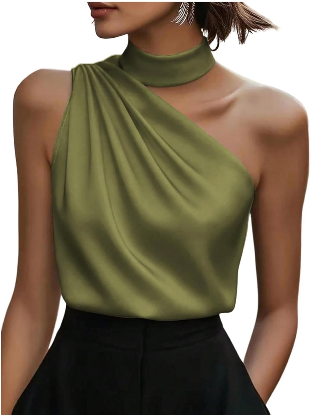 Asymmetric One-Shoulder Olive Choker Top